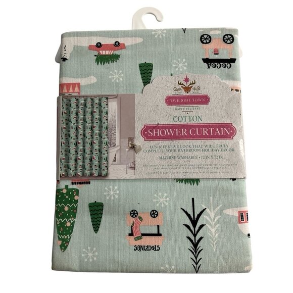 Twilight Town Christmas Fabric Shower Curtain Holiday Light Green Outdoor Snow - Picture 2 of 8
